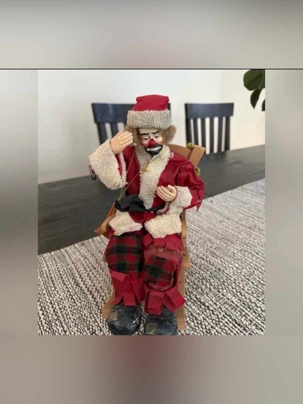 America’s favorite clown. Real Rags. Santa clown in rocking chair. 1996 Flambro